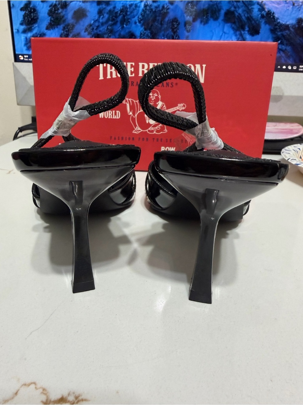 True Religion Black Patent Pointed-Toe Mules with Gold Hardware - Picture 4 of 9